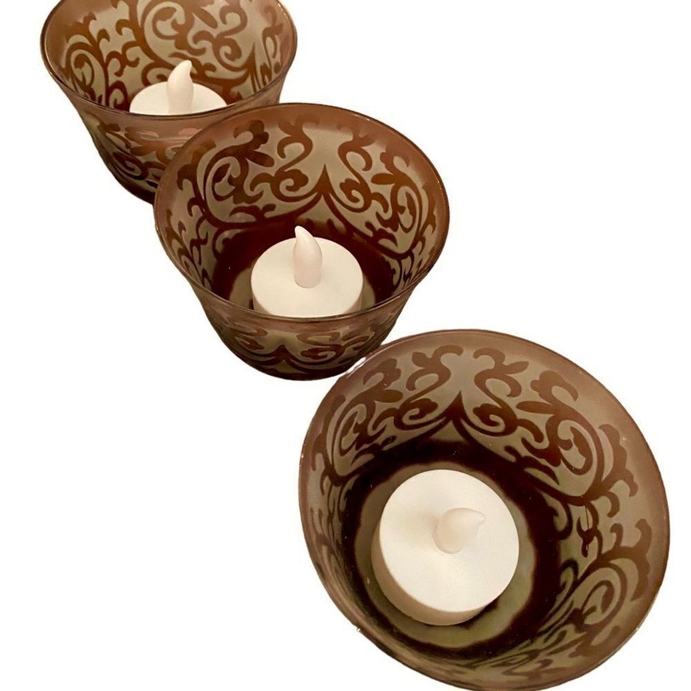 Purple Frosted Etched Glass Set of 3 Tea Light Candle Holders